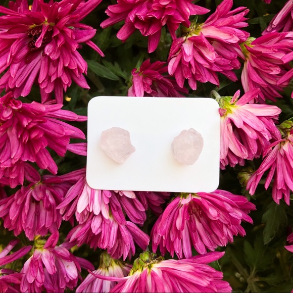 Raw Rose Quartz Crystal Stud Earrings - Picture 2 of 5